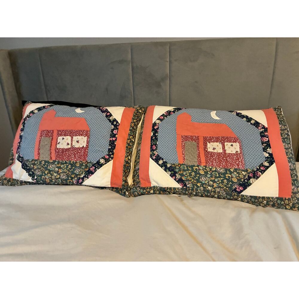 Hand-Sewn Vintage Cottagecore Pillow Shams – Schoolhouse Quilt Block – Set of 2